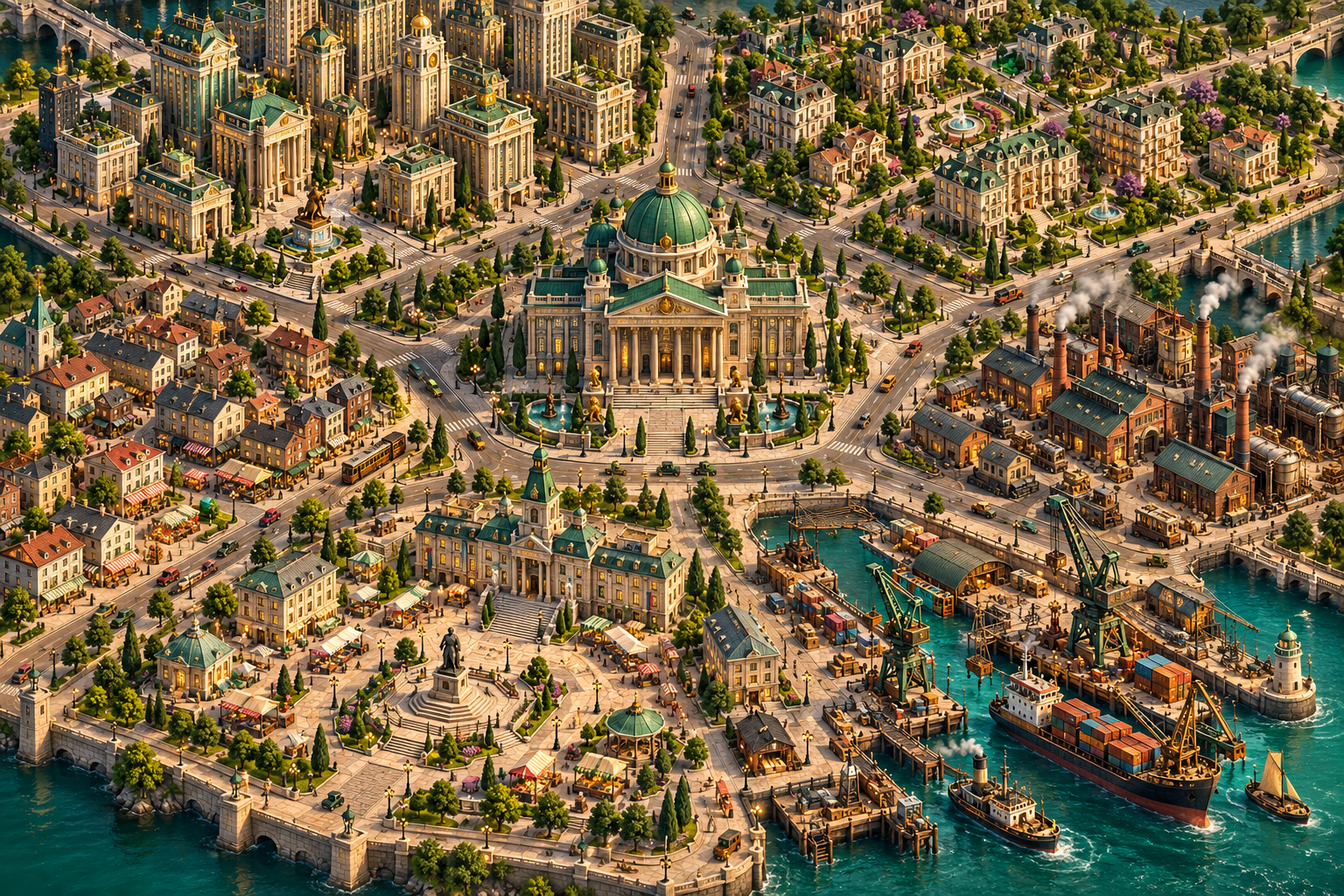 Isometric city with a central bank, financial district, homes, factories, a public square and a harbor.